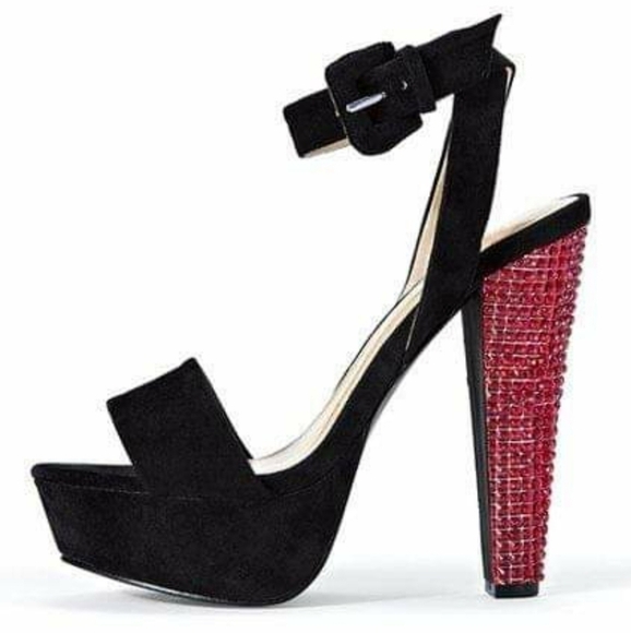 Colin Stewart Black Suede Red Jeweled Gem Studded Strappy Open Toe Heels - Picture 1 of 11